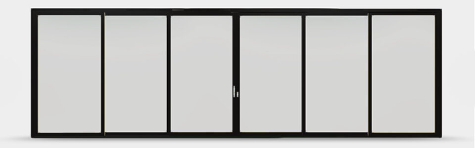 Sleek Jeld-Wen multi-slide door features black frames and six full-lite panels, centrally joined, against a bright white background. Enhance your home with custom patio doors.