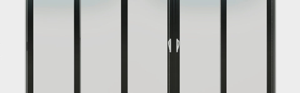 Jeld-Wen black multi-slide door system offers expansive full lite glass panels. Ideal for modern patio doors, showcased on a neutral background.