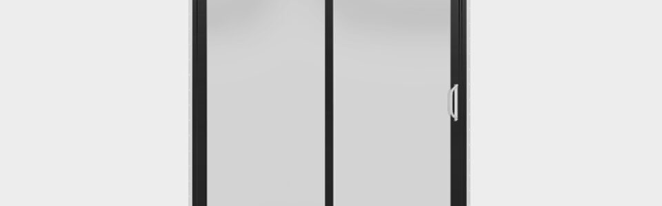 Jeld-Wen black sliding glass door features two full-lite glass panels with an integrated handle, presented against a clean gray backdrop.